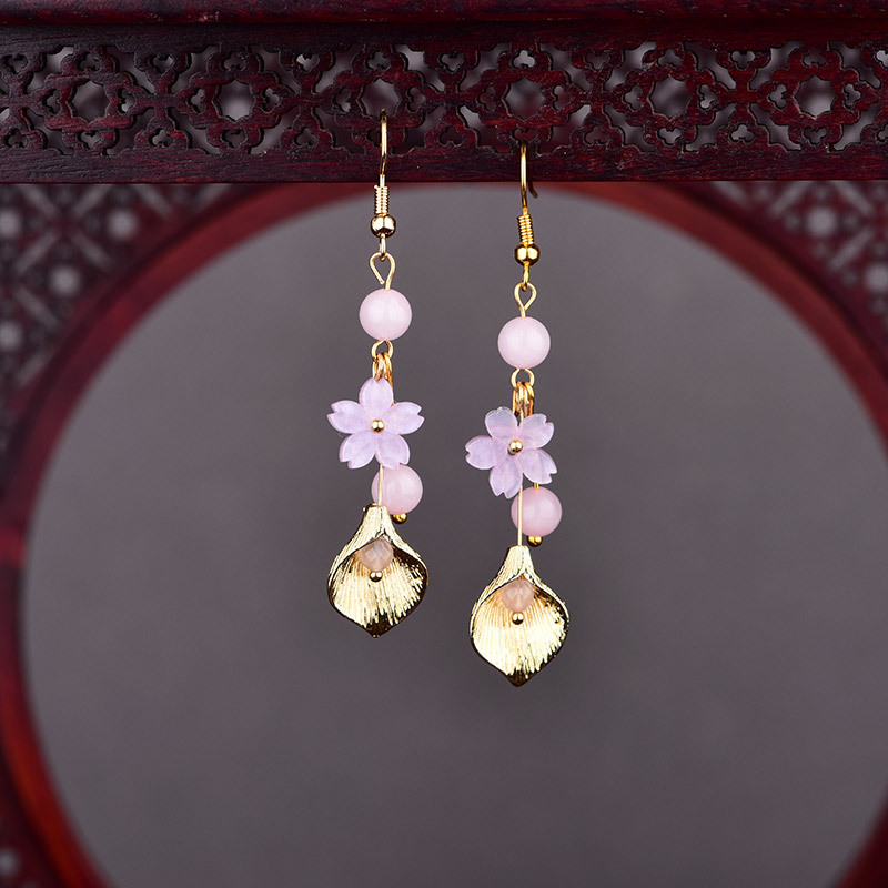 Jewelry Making Jewelry - ต่างหูหยกธรรมชาติสีชมพู ลายดอกไม้ สไตล์วินเทจ ของขวัญสำหรับผู้หญิง เครื่องราง เครื่องประดับแท้